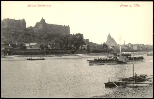 Ansichtskarte Pirna Schloss Sonnenstein Anlegestelle Dampfer 1915