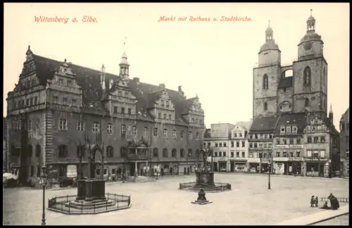 Lutherstadt Wittenberg Markt mit Rathaus u. Stadtkirche. Geschäfte 1913