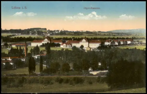 Ansichtskarte Löbau Fabrik und Jägerkaserne 1914
