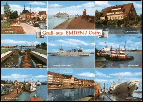 Emden Mehrbild-AK mit Jugendherberge, Fährschiff Ostfriesland, Hafen 1990