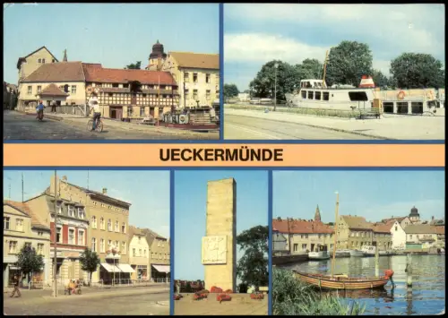 Ansichtskarte Ueckermünde Hafen, Ehrenmal  1985 Nachporto-Vermerk gelaufen