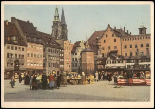 Ansichtskarte Nürnberg Stadtteilansicht mit Markt-Treiben (DDR Karte) 1954