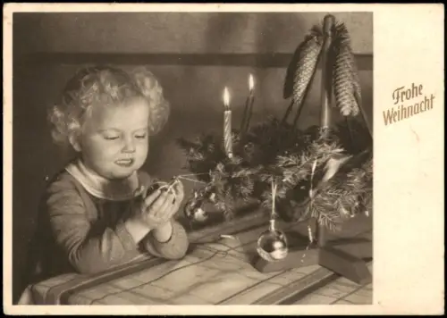 Frohe Weihnacht DDR-Grusskarte mit Kind, Mädchen an Weihnachten 1955