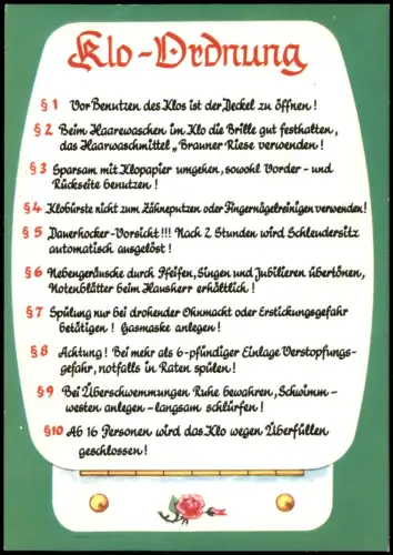 Ansichtskarte  Toiletten Scherz Scherzkarte "Klo-Ordnung" 1980