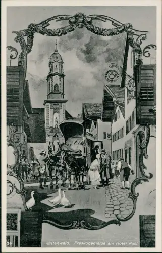 Ansichtskarte Mittenwald Freskogemälde am Hotel Post 1932