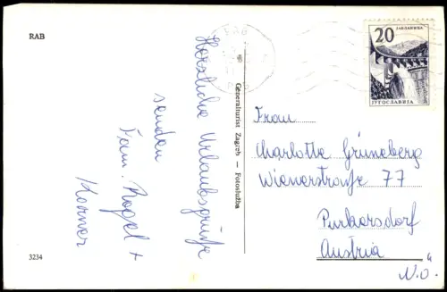 Postcard Rab Arbe Ortsansicht 1960