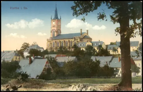 Ansichtskarte Hartha Häuser mit Kirche 1913