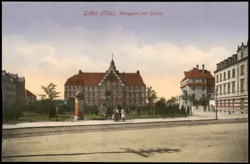 Ansichtskarte Gröba-Riesa Georgplatz mit Schule. Litfasssäule 1913