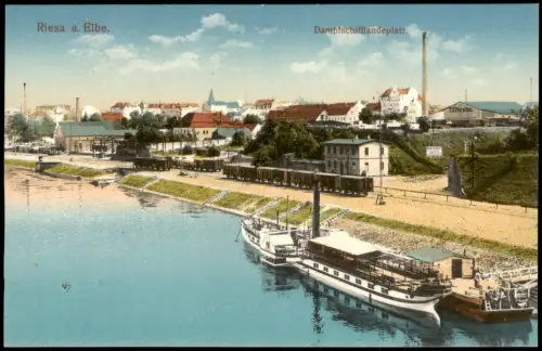 Ansichtskarte Riesa Dampfschifflandeplatz. Eisenbahn Fabrik 1913