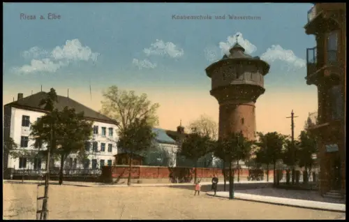 Ansichtskarte Riesa Knabenschule und Wasserturm 1914