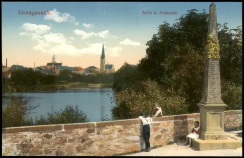 Ansichtskarte Geringswalde Teich u. Postsäule. 1913