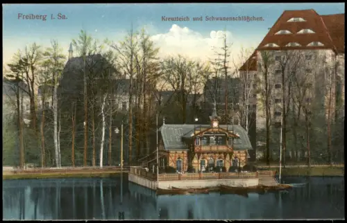 Ansichtskarte Freiberg (Sachsen) Kreuzteich und Schwanenschlößchen. 1914