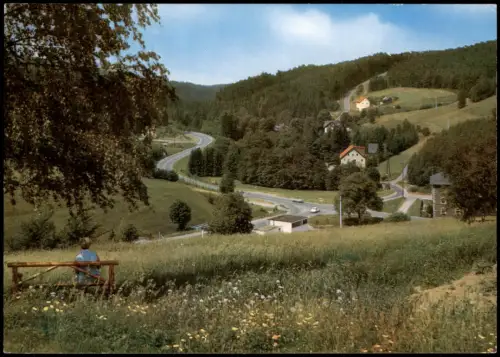 Bischofsgrün Partie im Maintal, Glasermühle, Frau auf Waldbank 1980