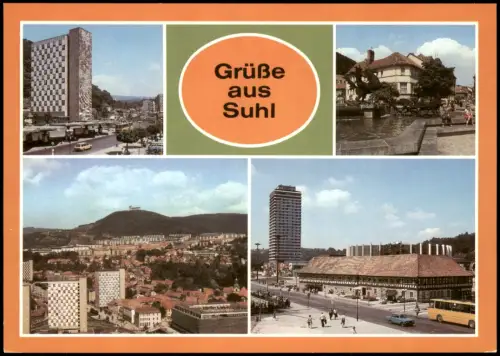 Suhl DDR Mehrbild-AK mit Wilhelm-Pieck-Straße Dianabrunnen Waffenmuseum 1986