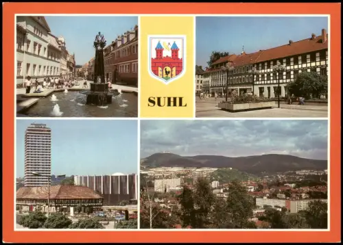 Suhl DDR Mehrbild-AK mit Steinweg Blick zum Waffenmuseum Lautenberg 1986