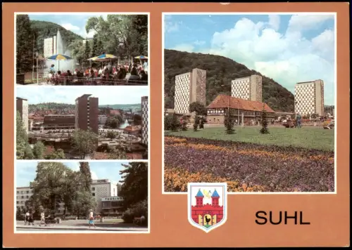 Suhl DDR Mehrbild-AK mit Waffen-Museum, Centrum Warenhaus, Interhotel 1986