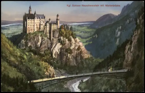 Ansichtskarte Schwangau Kgl. Schloss Neuschwanstein mit Marienbrücke 1917