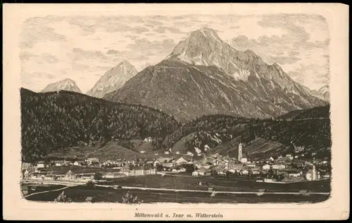 Ansichtskarte Mittenwald a. Isar m. Wetterstein - Federzeichnung 1924