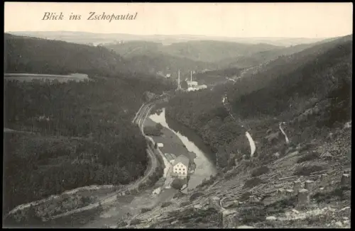 Ansichtskarte .Sachsen Blick ins Zschopautal, Holzschlag am Hang Fabriken 1913
