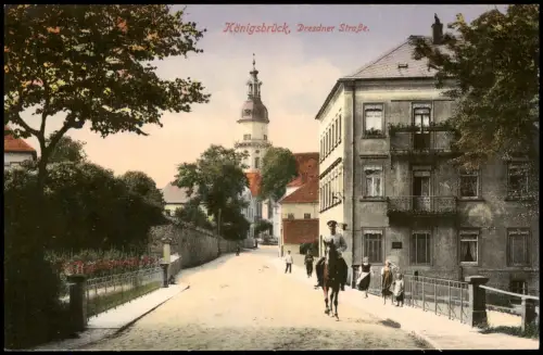 Ansichtskarte Königsbrück Kinspork Dresdner Strasse Soldat auf Pferd 1913