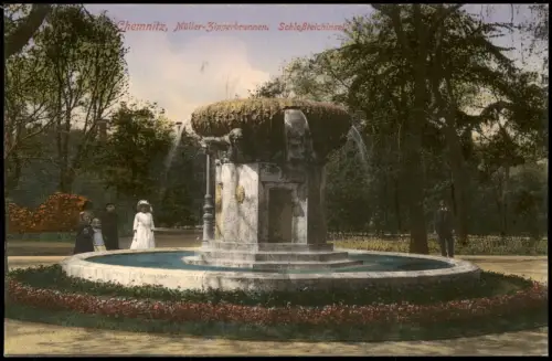 Ansichtskarte Chemnitz Müller Zipperbrunnen. Schloßteichinsel 1913