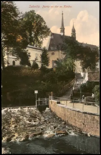 Ansichtskarte Sebnitz Flußpartie Treppe ev. Kirche 1913