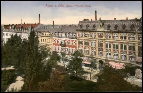 Ansichtskarte Riesa Kaiser-Wilhelm-Platz Geschäfte Teilansicht 1913
