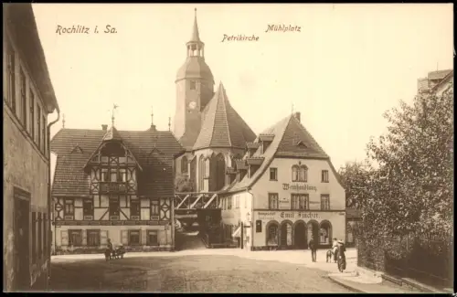 Ansichtskarte Rochlitz Mühlplatz Petrikirche Weinhandlung. 1913