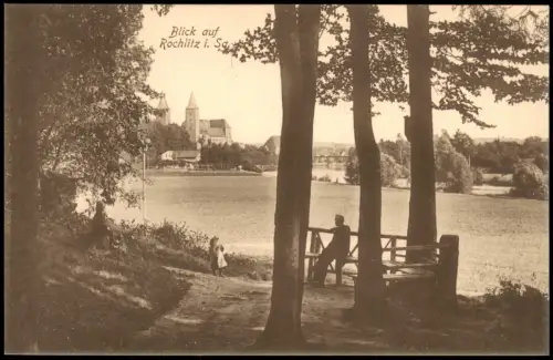 Ansichtskarte Rochlitz Parkbank Mann Kind - Blick auf Schloß 1913