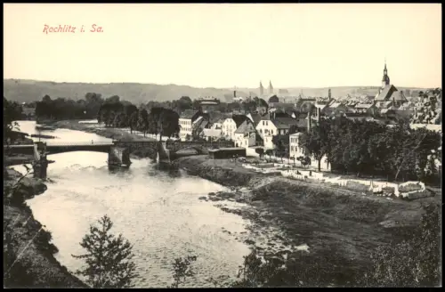 Ansichtskarte Rochlitz Stadt und Wäscheplatz am Flußufer 1913
