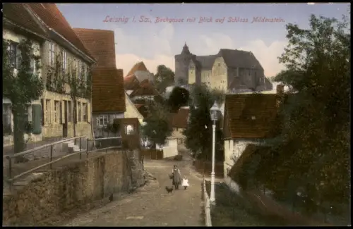 Ansichtskarte Leisnig Bachgasse mit Blick auf Schloss Mildenstein. 1914