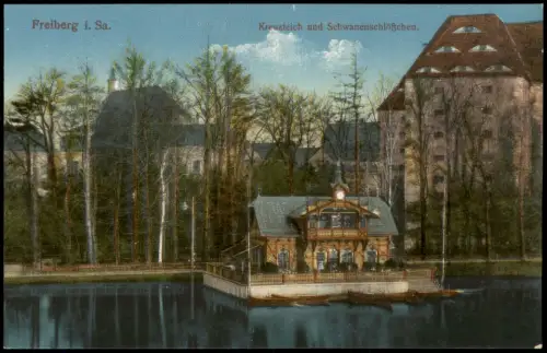 Ansichtskarte Freiberg (Sachsen) Kreuzteich und Schwanenschlößchen. 1914