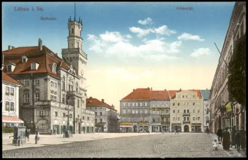 Ansichtskarte Löbau Altmarkt Geschäfte 1914