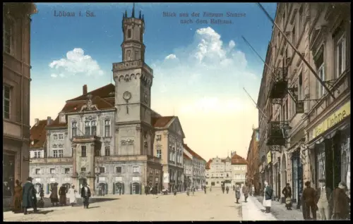Ansichtskarte Löbau Blick aus der Zittauer Strasse nach dem Rathaus. 1914