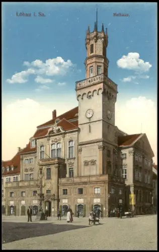Ansichtskarte Löbau Rathaus belebt 1914