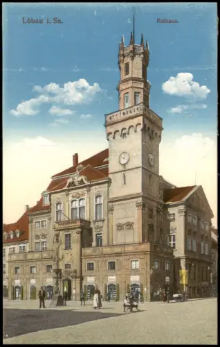 Ansichtskarte Löbau Rathaus belebt 1914