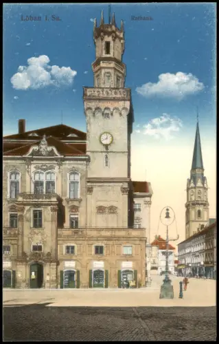 Ansichtskarte Löbau Rathaus - Straßenblick 1914