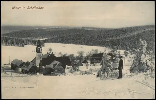Ansichtskarte Schellerhau-Altenberg (Erzgebirge) Skifahrer an der Stadt 1913