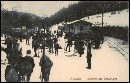 Ansichtskarte Kipsdorf-Altenberg (Erzgebirge) Bahnhof Skifahrer im Winter 1914