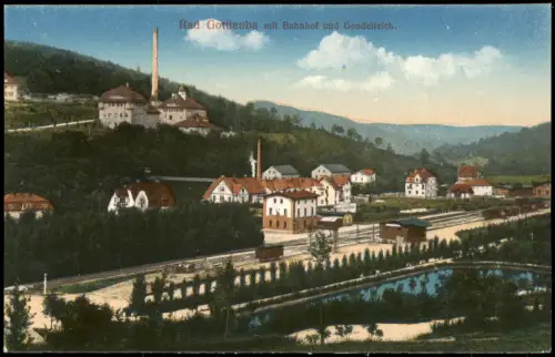 Ansichtskarte Bad Gottleuba-Berggießhübel mit Bahnhof und Gondelteich. 1914