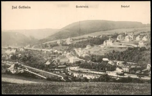 Ansichtskarte Bad Gottleuba-Berggießhübel Gondelteich Bahnhof Totale 1914