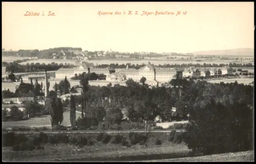 Ansichtskarte Löbau Kaserne des 1. K. S. Jäger-Bataillons № 12 Totale 1914