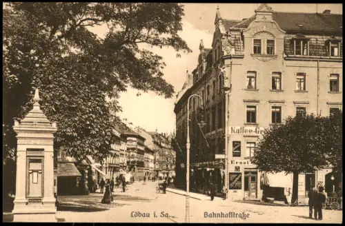 Ansichtskarte Löbau Bahnhofstraße Geschäfte Kiosk 1914