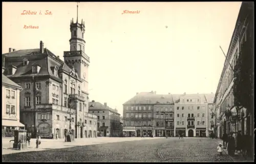 Ansichtskarte Löbau Altmarkt Brunnen Geschäfte 1914
