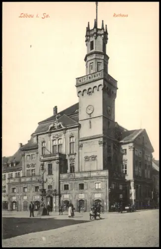 Ansichtskarte Löbau Partie am Rathaus - belebt 1914