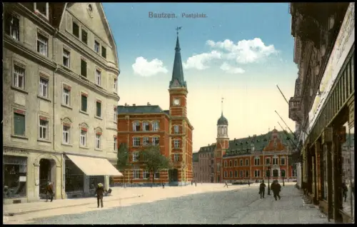 Ansichtskarte Bautzen Budyšin Postplatz, Geschäfte 1914