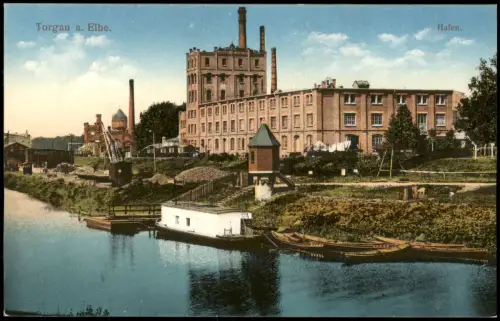 Ansichtskarte Torgau Hafen Kräne Schiffe 1914