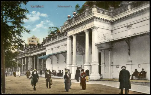 Postcard Karlsbad Karlovy Vary Felsenquelle, belebt 1915