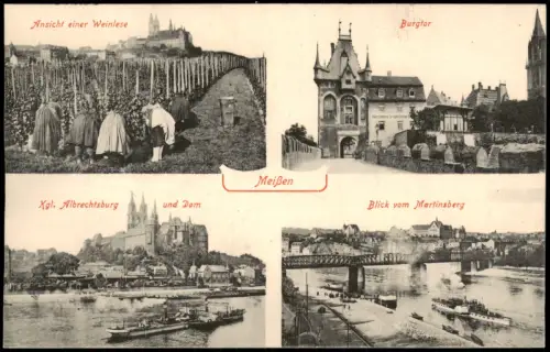 Ansichtskarte Meißen MB: vom Martinsberg, Weinlese, Dom 1915