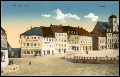 Ansichtskarte Leisnig Marktplatz Geschäfte 1915